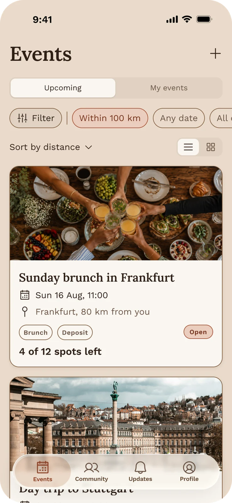 The event feed, sorted by distance from her own city, whichever group posted the event.