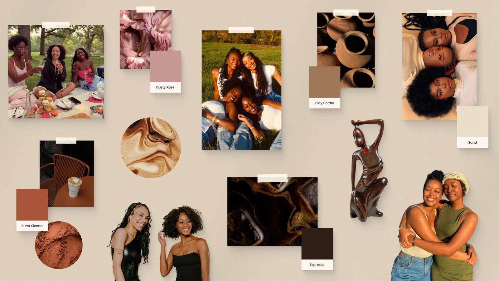 Moodboard in warm earth tones: dusty rose, clay, sand, burnt sienna and espresso, with photos of Black women together outdoors.