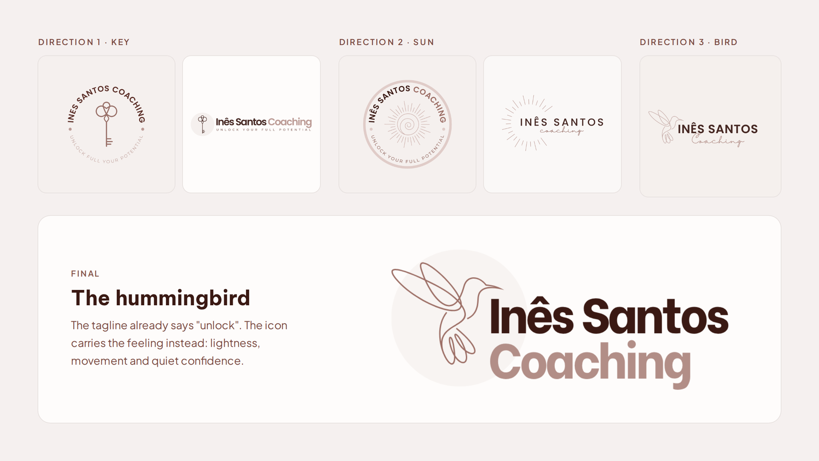 Logo exploration sheet with three directions, a key, a sun and a bird, and the final hummingbird mark in brown.