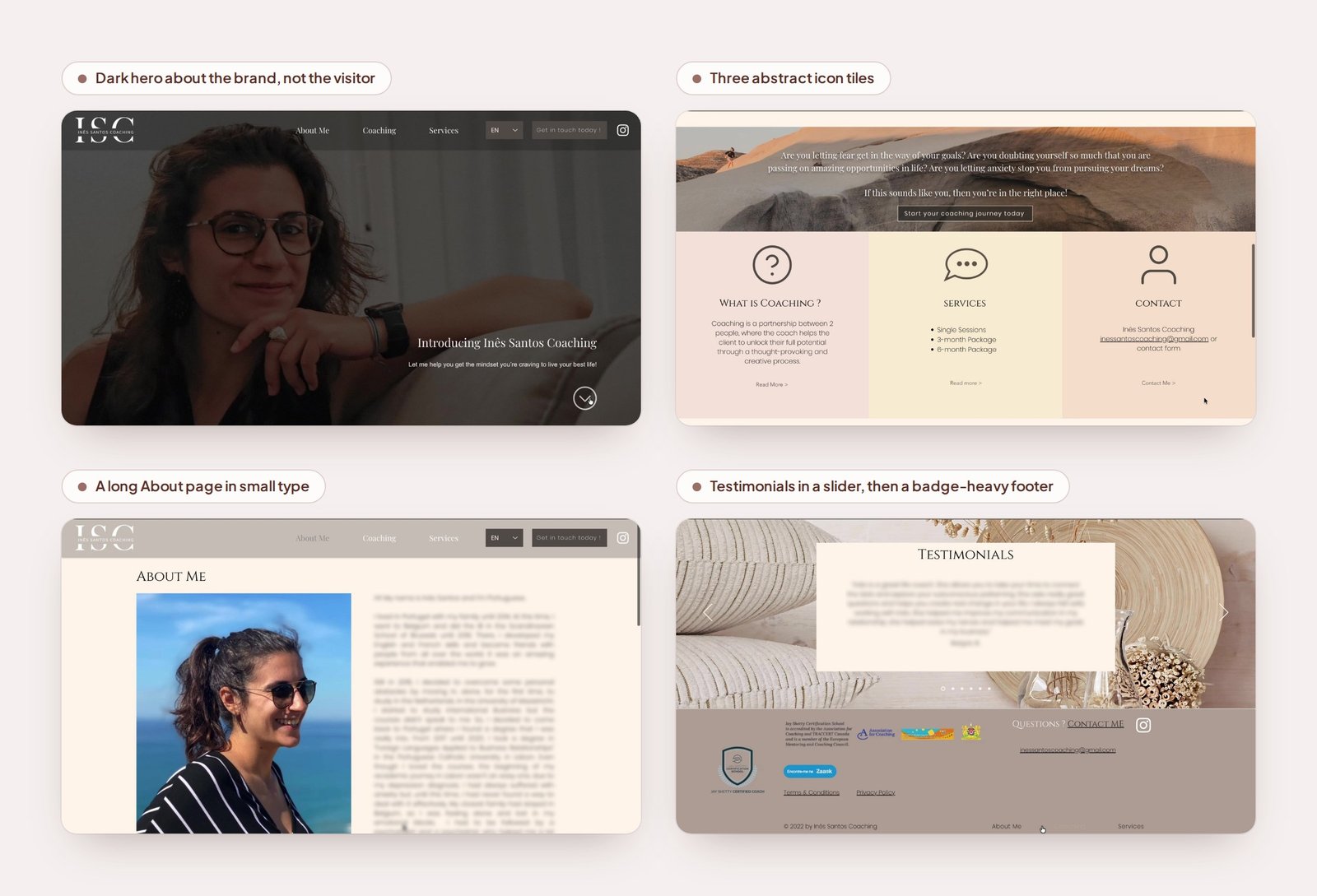 Overview of the old Wix site: a dark hero reading Introducing Inês Santos Coaching, pastel service tiles sorted by package length, and a text-heavy footer. Personal and client text is blurred.